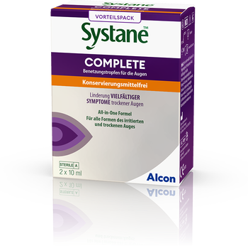 Das Bild zeigt die Augentropfen Systane Complete Konservierungsmittelfrei von Alcon.